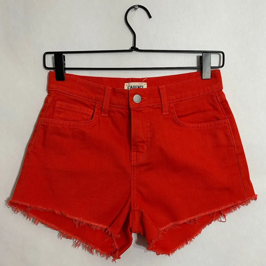 L’AGENCE Ryland Short in Red Frayed Hem Denim Shorts Size 24 Made for Revolve - Image 6