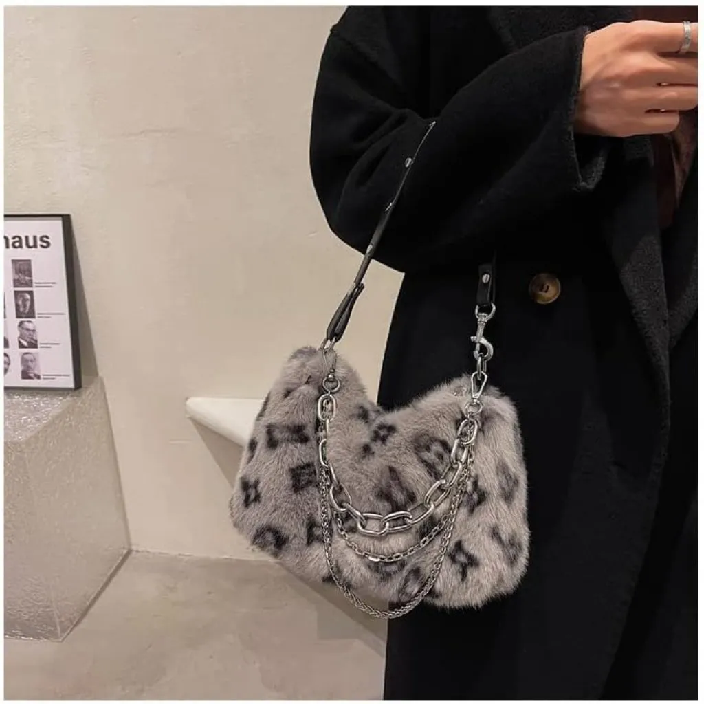 ⚡ Women's New Leopard Tan Print Plush Vintage Zip Closure Shoulder Hobo Bag - Image 5