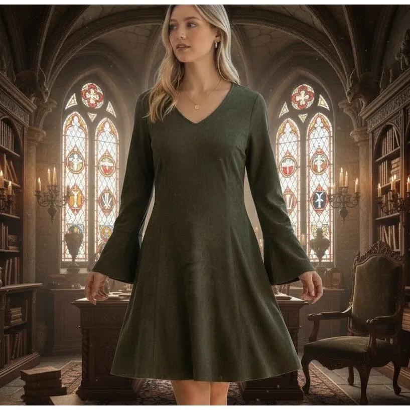 Aryeh VTG Velour Dress Y2K Bell Sleeves Olive Green V Neck Boho Whimsey Goth Lg - Image 2