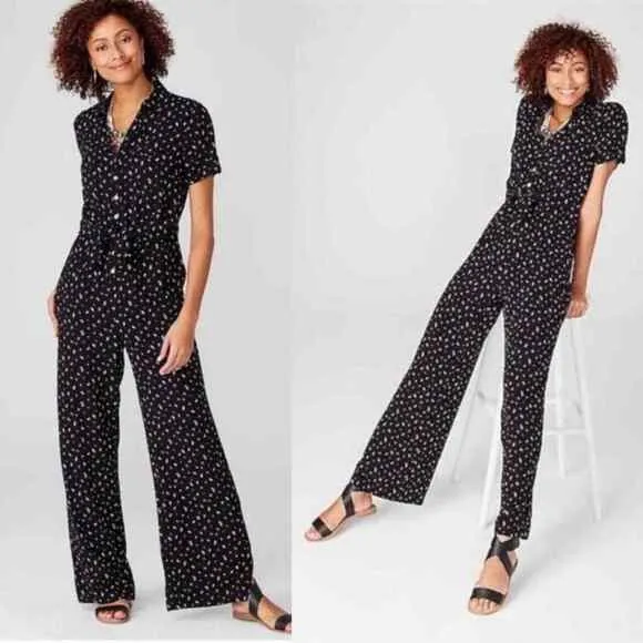 J. Jill Tie Front Floral Jumpsuit Short Sleeve Button Down Womens XSmall Black - Image 2