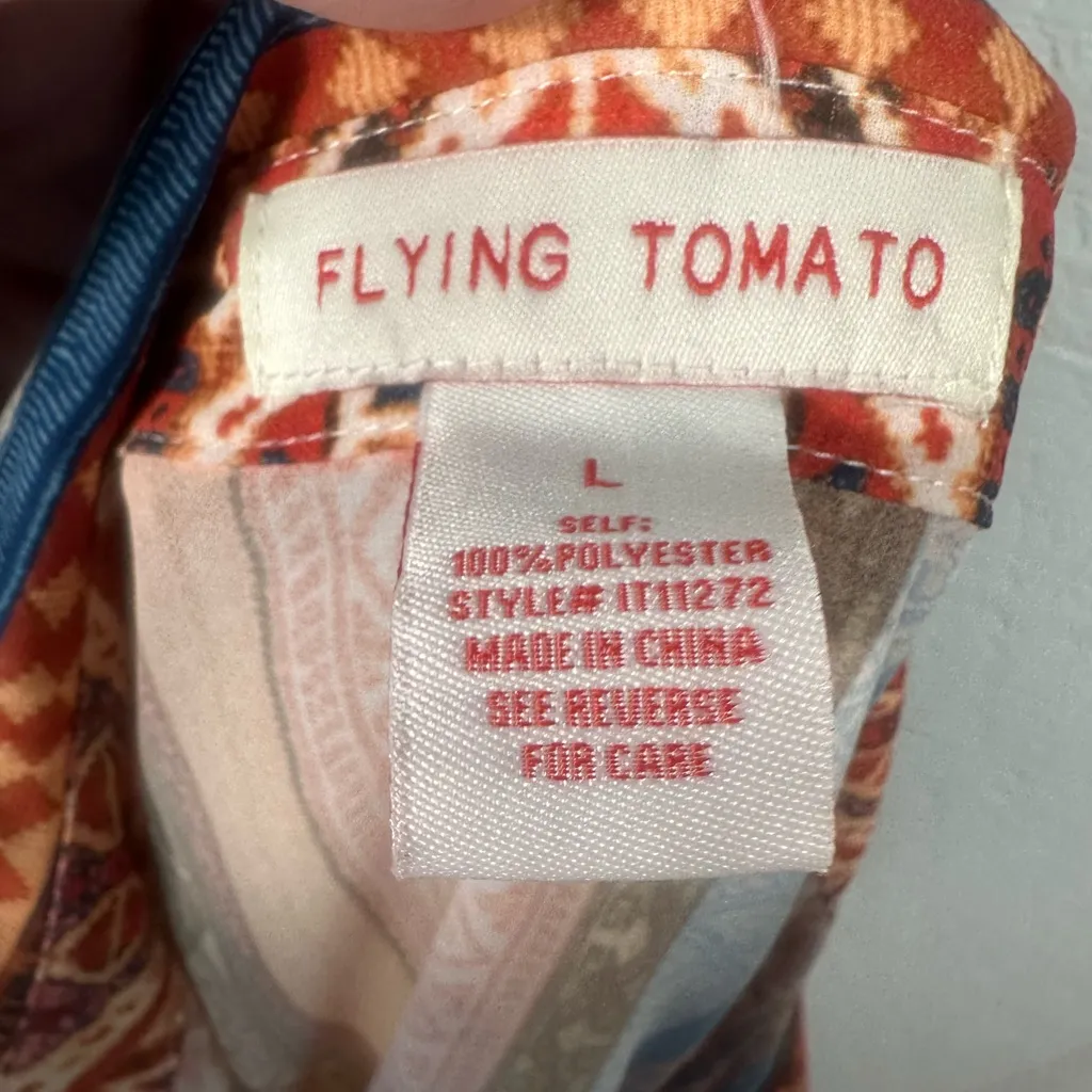 Flying Tomato  Orange Aztec Boho Balloon Sleeve Button Down Blouse Size Large EUC - Image 7