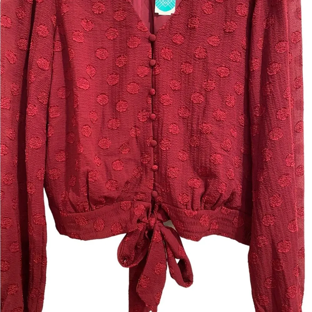 Lush Burgundy Posey Tie Front Crop Blouse Sz M NWT - Image 4