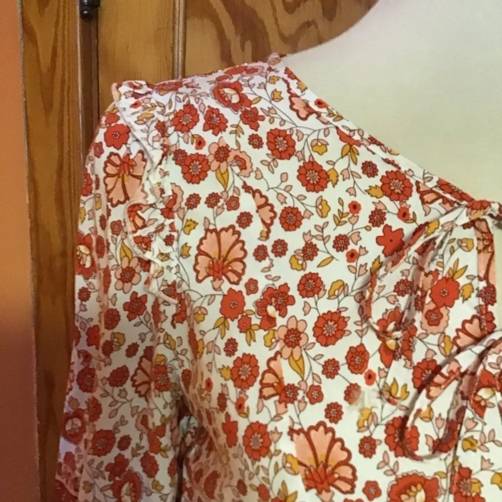 Bright Orange Floral Hippie Chic Peasant Top White - Image 3