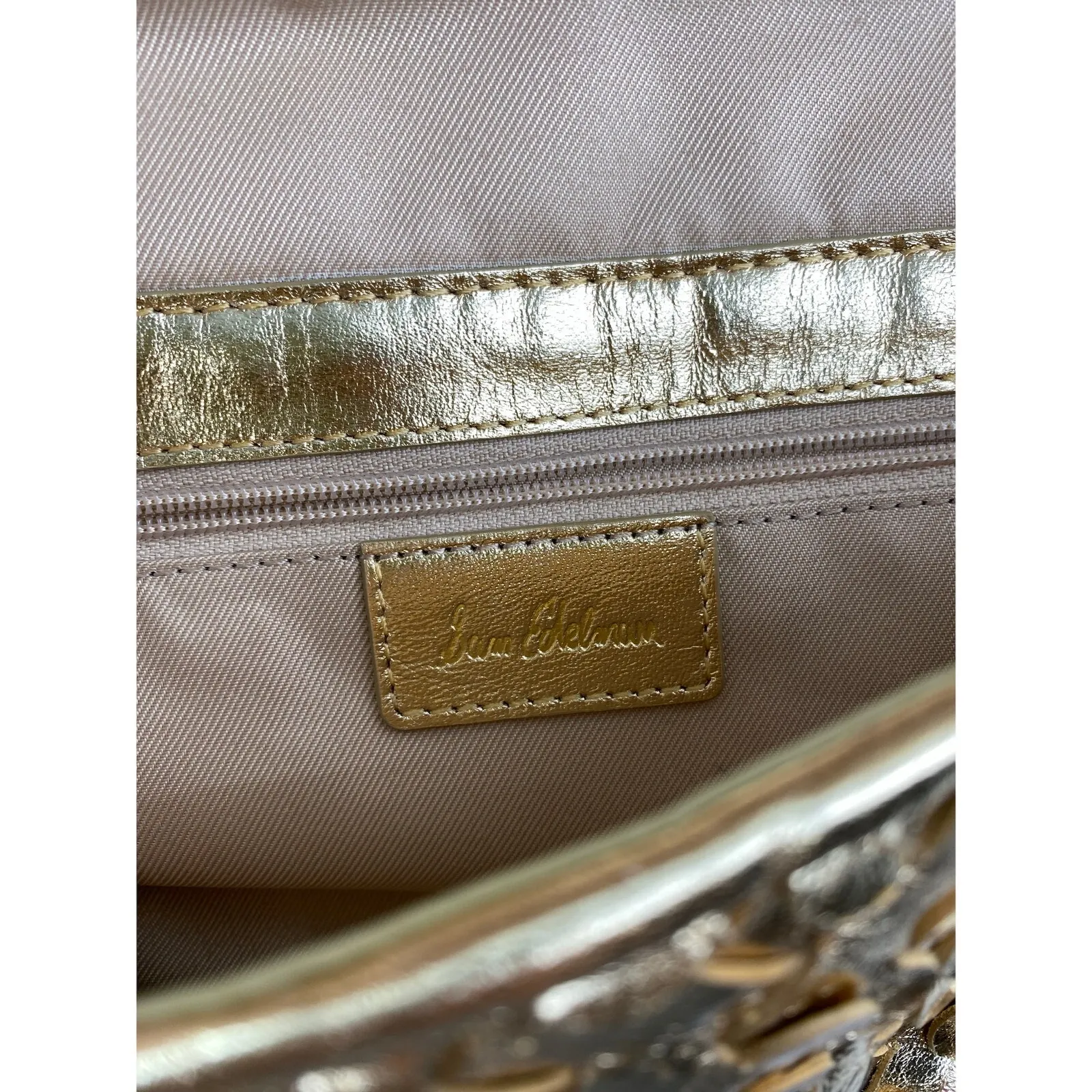 Sam Edelman Gold Bianka Woven Leather East/West Clutch Wristlet Purse Pouch OS - Image 8