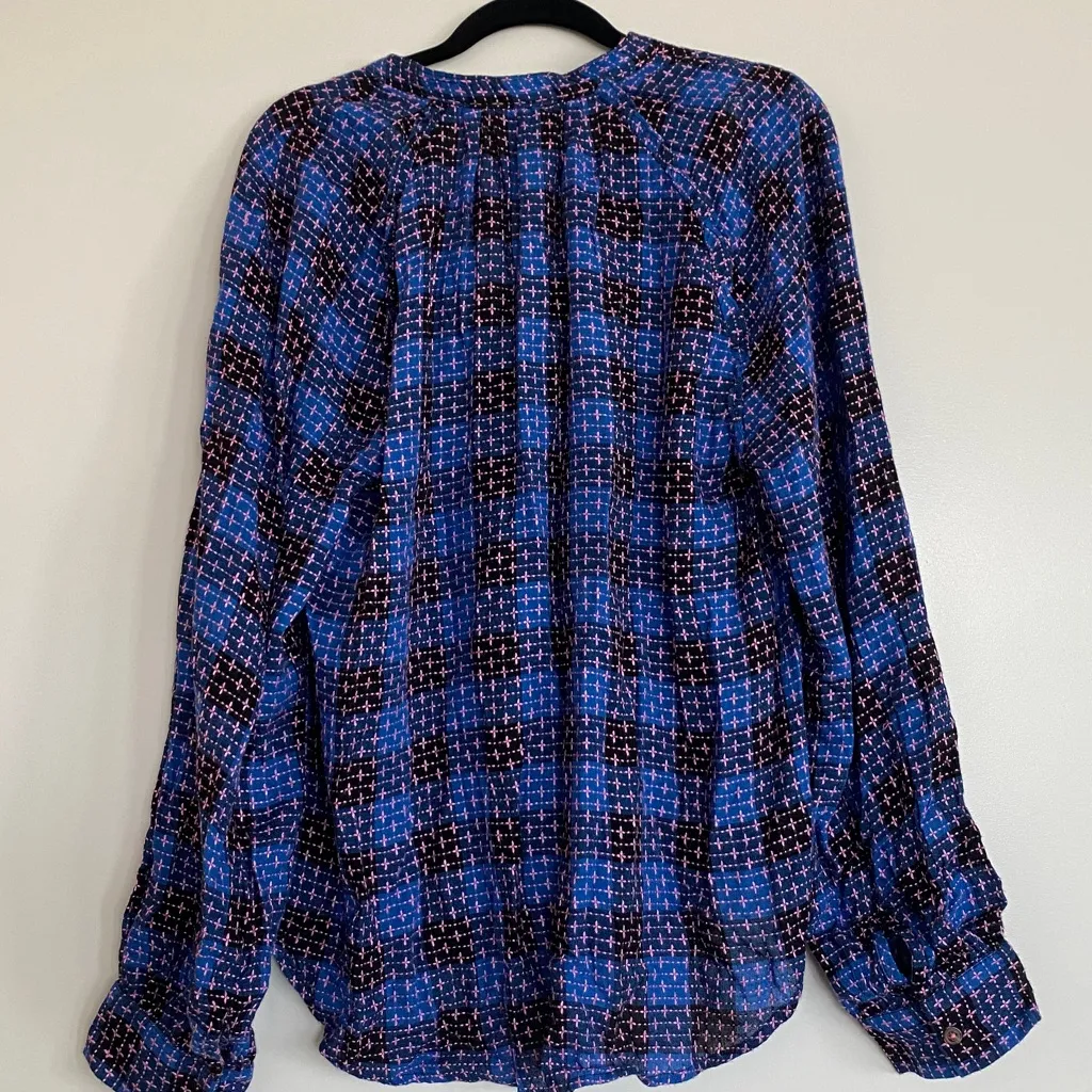 Anthropologie Pilcro long sleeve button down western shirt top blue pink XL - Image 5