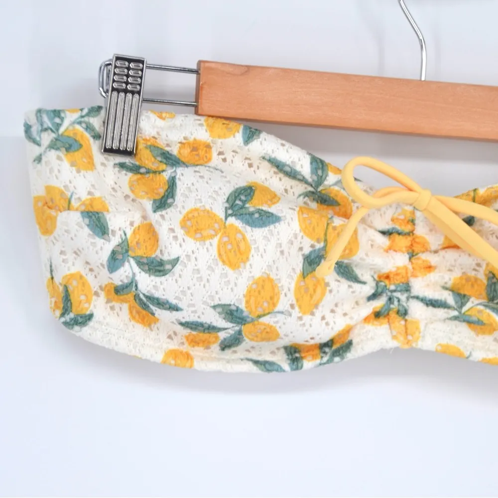 NEW Hollister Swim Crochet Bandeau Bikini Top Lemon Print White Yellow L - Image 3