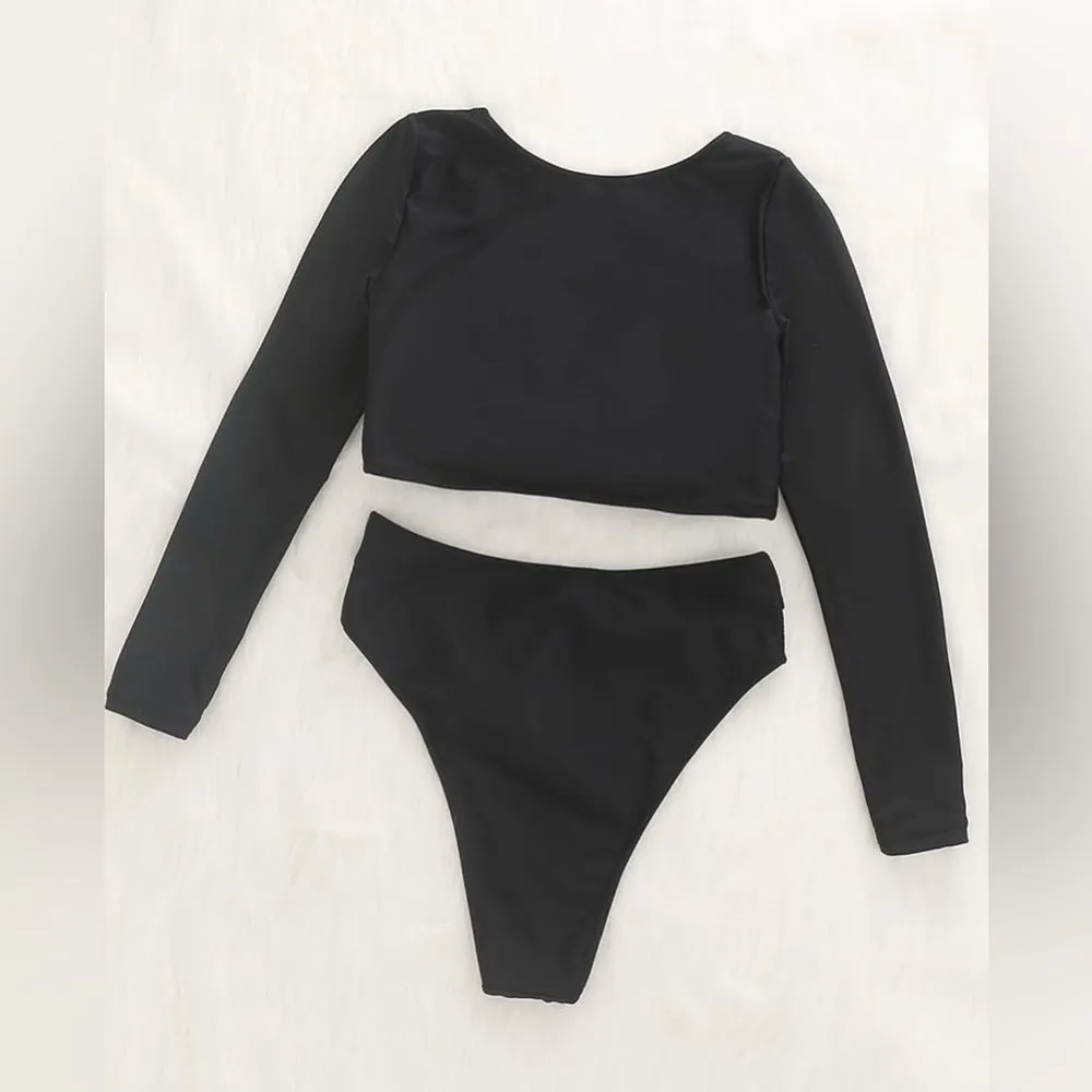 GirlsUpto Womens Two Piece Swimsuit High Waisted Rash Guard Long Sleeve L NWOT Black Size L - Image 13