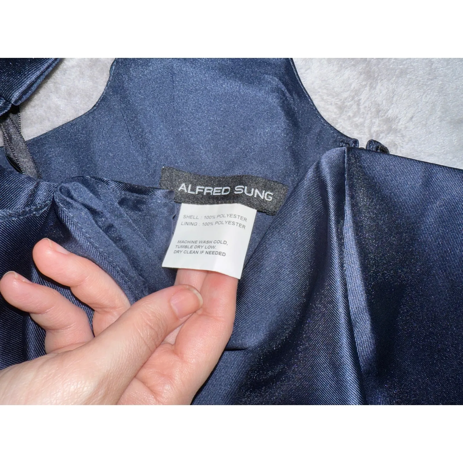 NWOT Alfred Sung SZ 6 Midnight Navy Blue Dress‎ One Shoulder Satin Trumpet Gown - Image 3