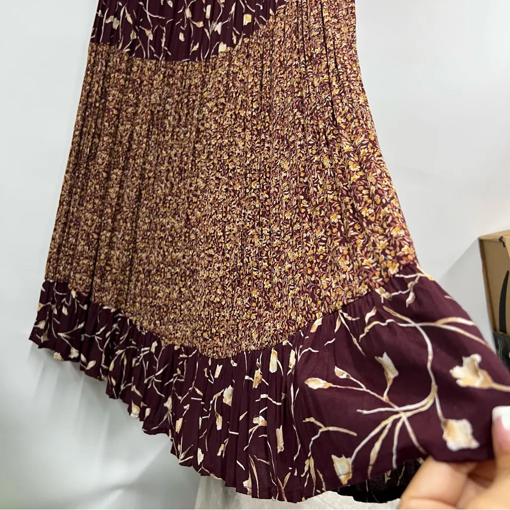Vtg Floral Print Maxi tiered Skirt Burgundy Medium stretch boho flowy FLAWED - Image 9