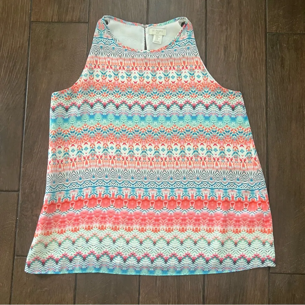 Lightweight Sleeveless St. Tropez West Orange and Blue Pattern Blouse szMedium - Image 1