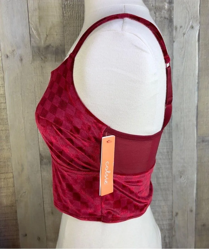 Colsie Red Large Checkered Velvet Crop Top Bralette With Adjustable Stra… - Image 3