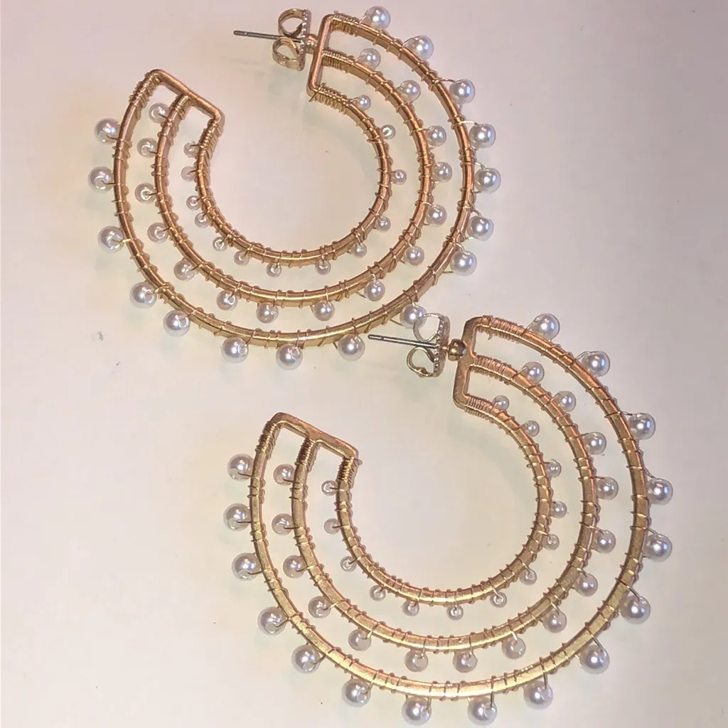 Huge Gold Tone and Faux Pearl Chunky Boho Hoop Earrings - Image 3