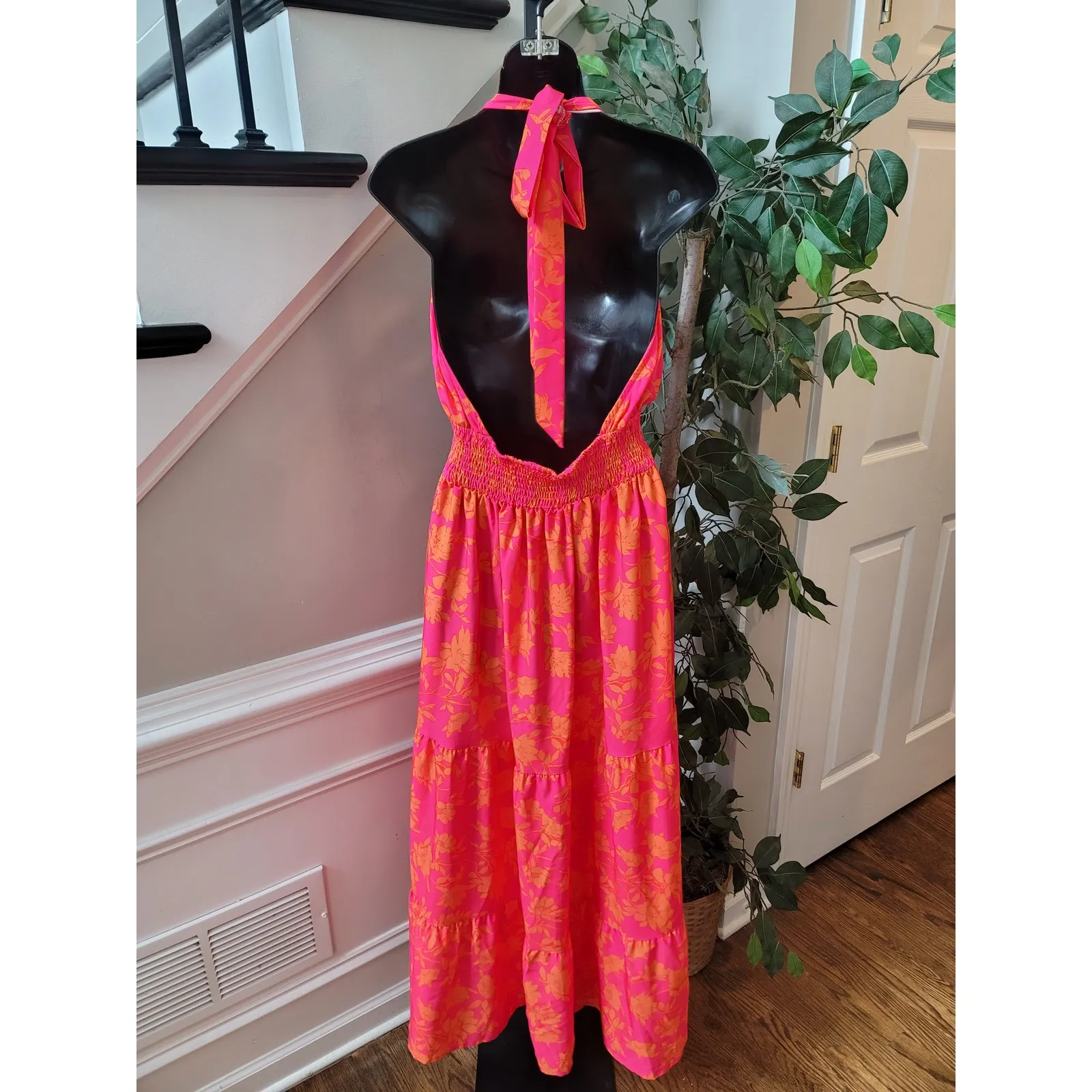 SHEIN Maxi Dress Women Medium Pink Orange Floral Halter Boho Beach Sundress - Image 7