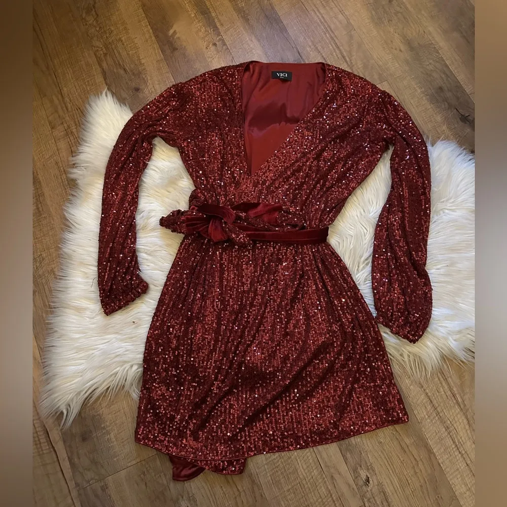 VICI Maroon Sequin Faux Wrap Mini Dress - Image 3