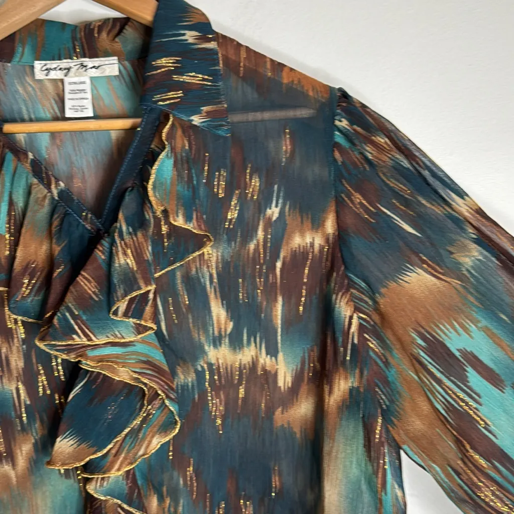 Cydney Mar Multicolor Ikat Crinkle Chiffon Sheer Ruffled Blouse size XL Brown - Image 4