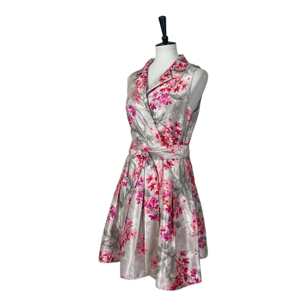 Jessica Howard New Fit Flare Dress Full Skirt Gray Pink Floral Women’s Size 10 - Image 5