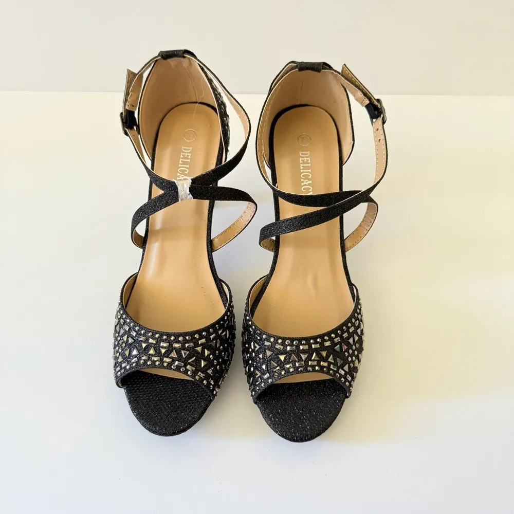 Black Rhinestone Strappy Sparkle Metallic Wedding Sandals Open Toe Heels Glam - Image 2