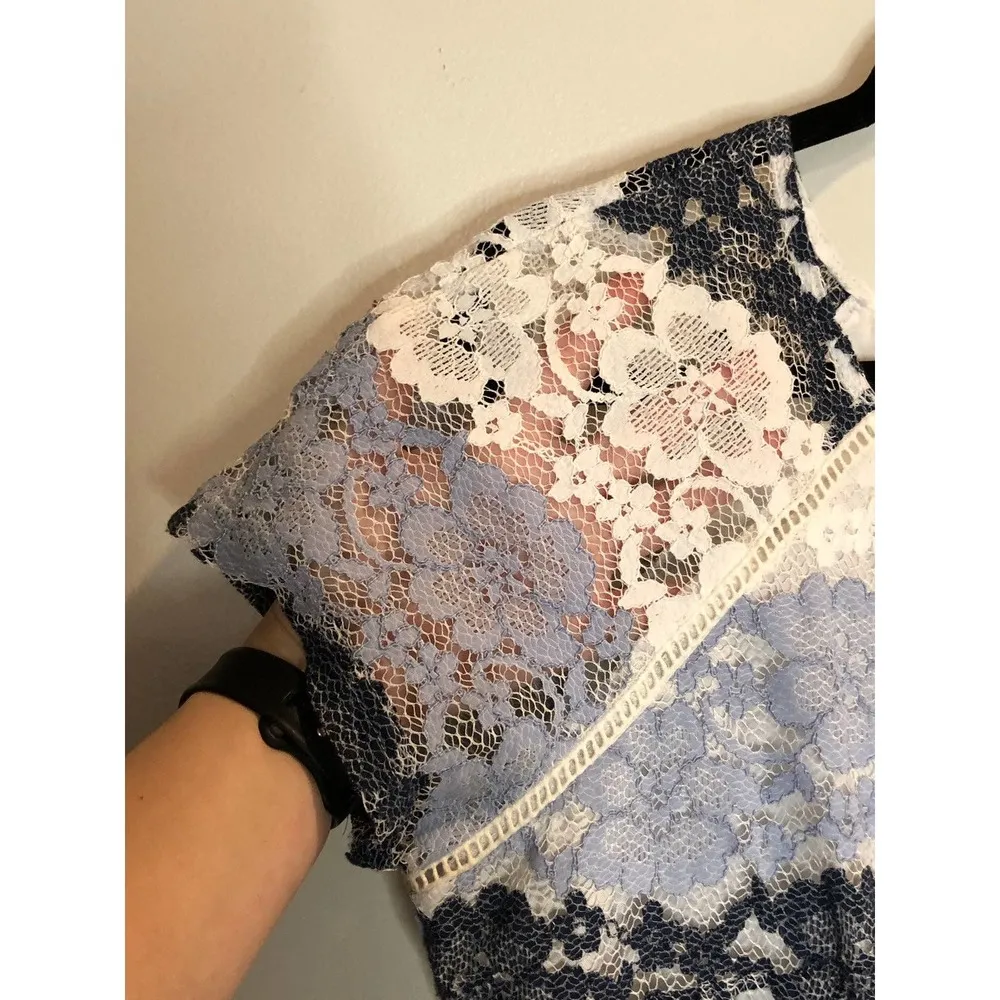 Pinky Los Angeles Blue and White Lace Dress Preppy Brunch Wedding Guest Sunday Size L - Image 85