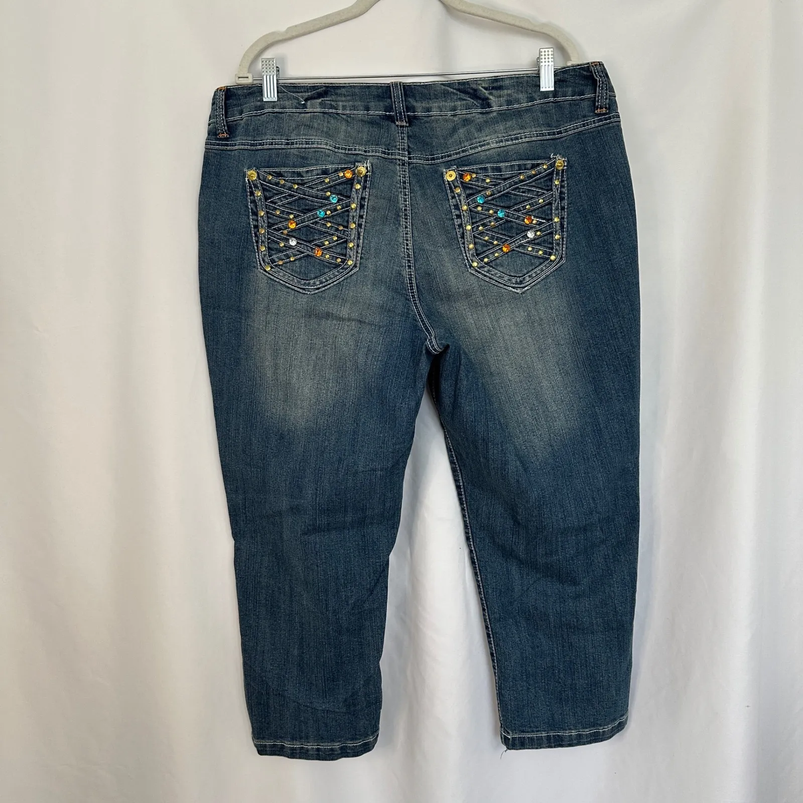 South Pole Embellished Capri Jeans Rhinestone Feather‎ Design Womens Size 20 Blue - Image 6