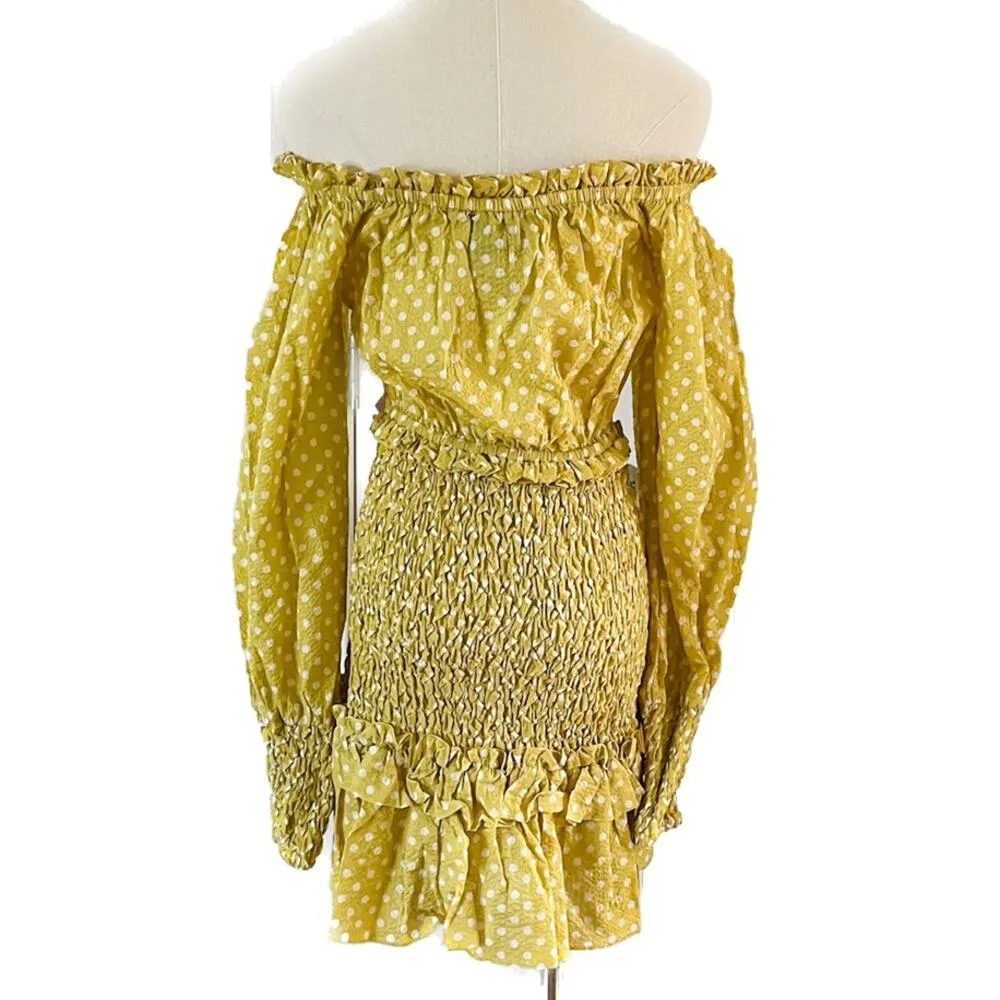 Alexis Marilena Smocked Polka Dot Off Shoulder Mini Dress yellow size large L - Image 7