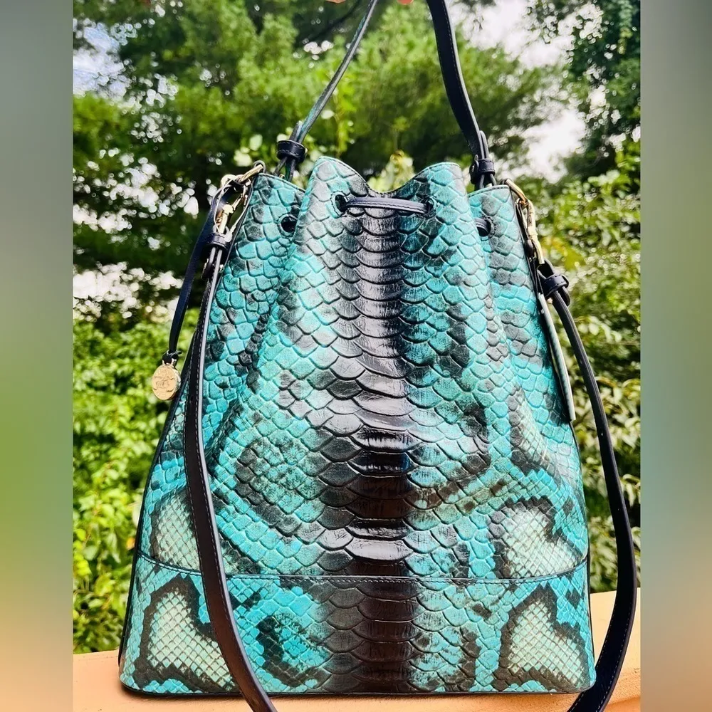 Brahmin Marlowe Blue Waterford Bucket Shoulder Bag Snake Leather NWT - Image 7