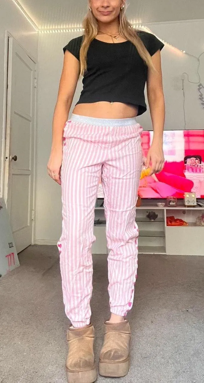 y2k coquette girly pink heart striped pajama pants - Image 3