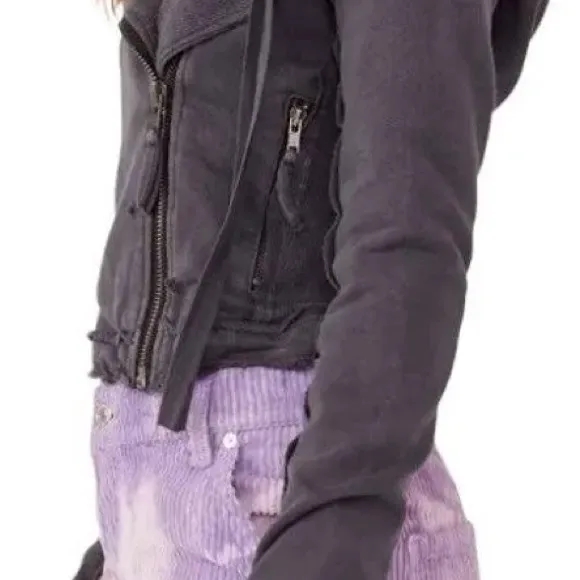Free People We The Free Moto Hoodie Jacket Dark Gray Cropped Grunge Distressed S - Image 4