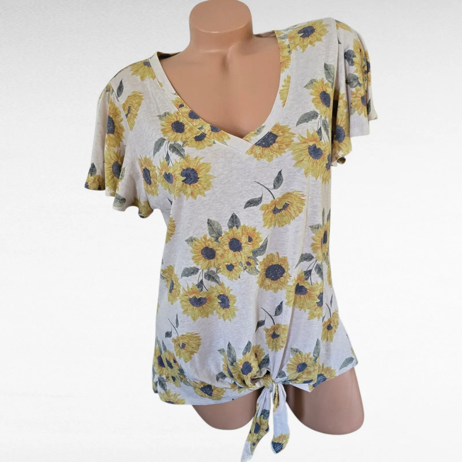 Sunflower T-Shirt Women's Large V-Neck Tie Front Flutter Sleeve Casual Top - Image 2