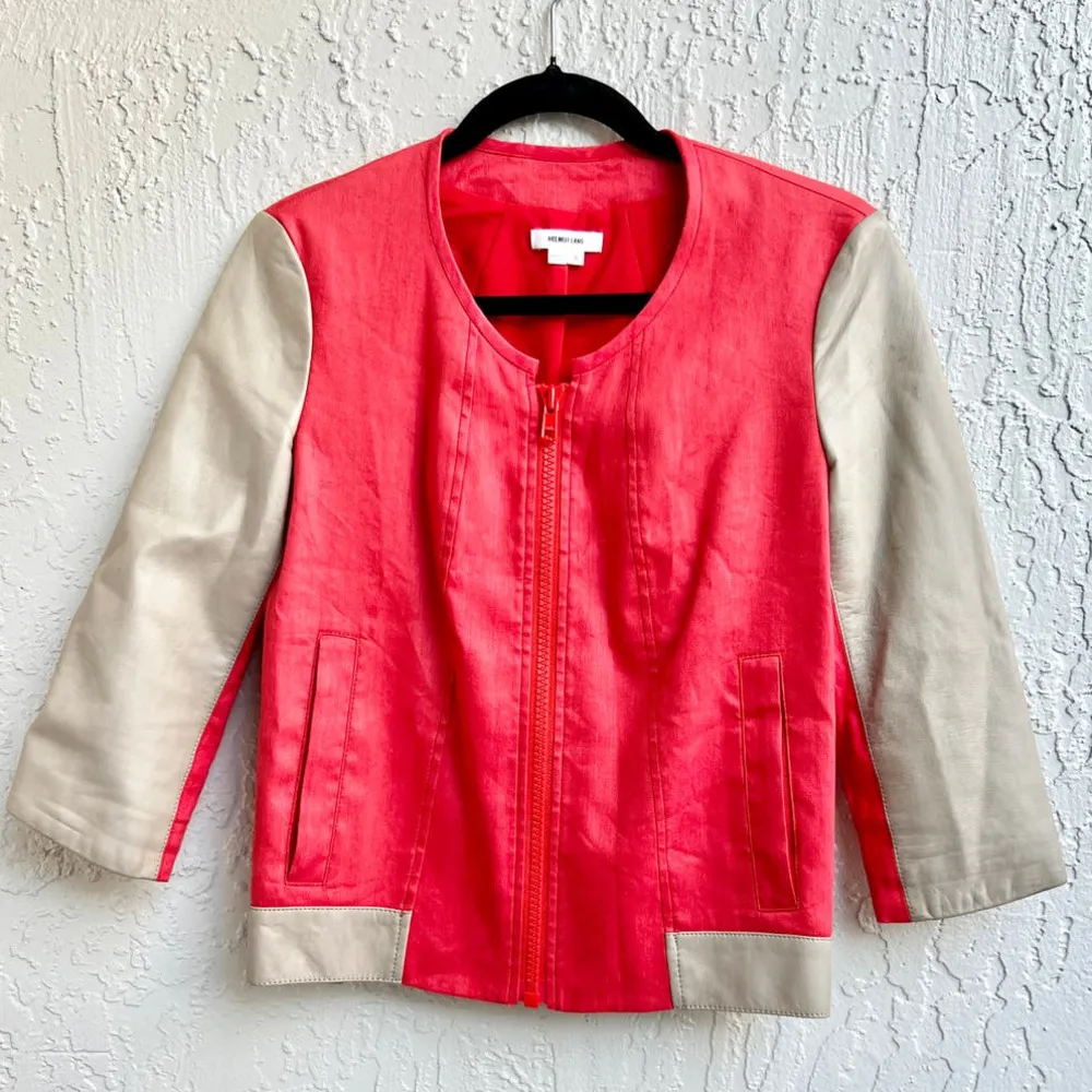 Helmut Lang Lamb Leather 3/4 Sleeve Full Zip Collarless Bomber Jacket Red Small - Image 3