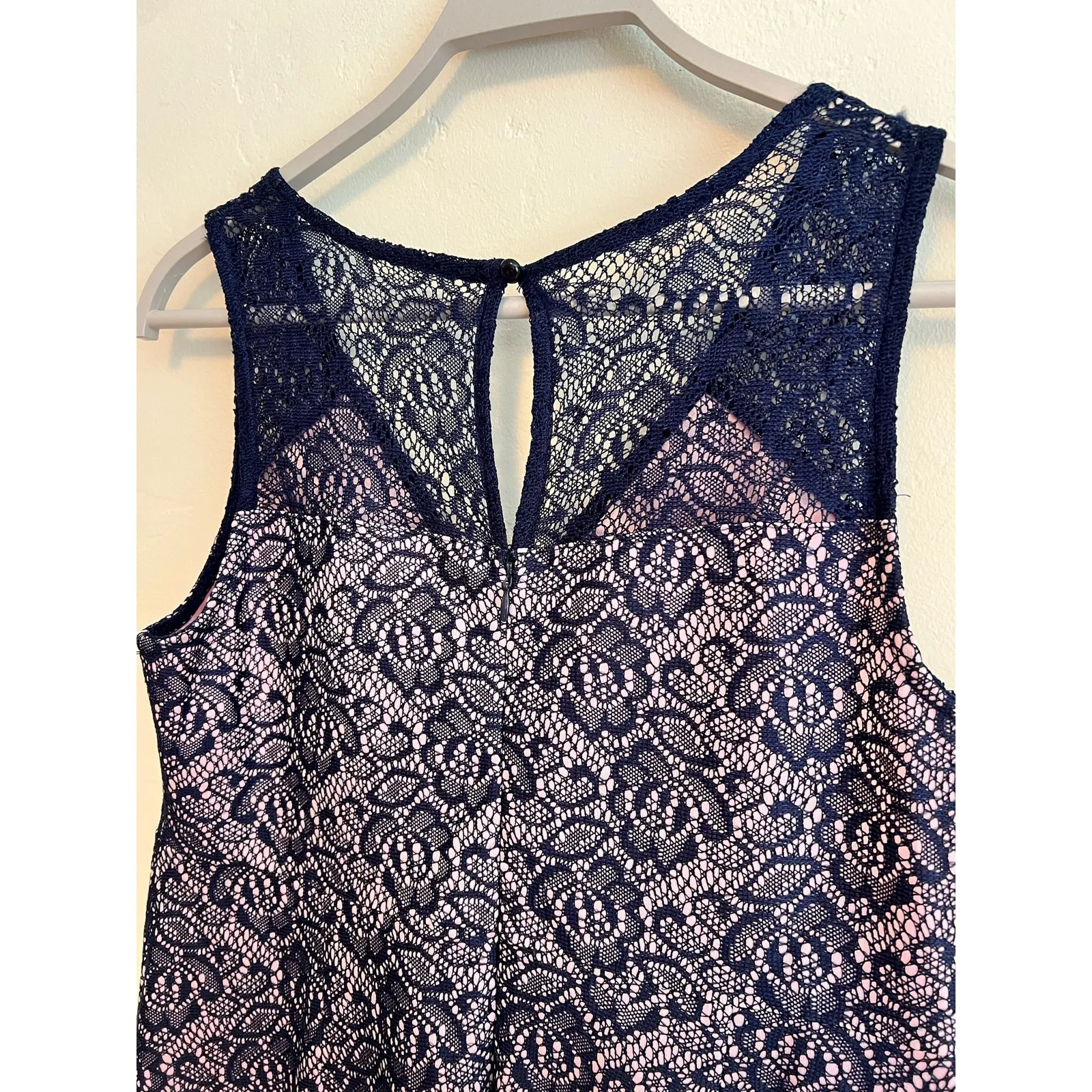 Motherhood Maternity Pink with Blue Lace Overlap Baby Shower Dress Size: Medium - Image 6