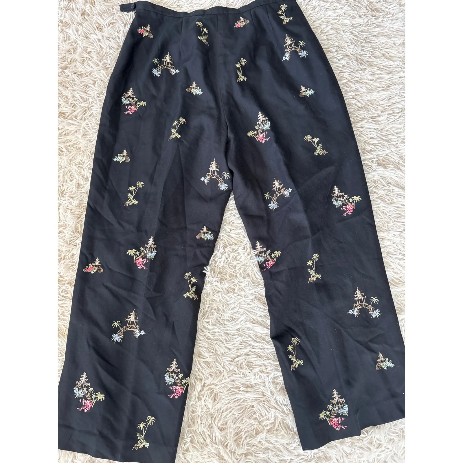 Talbots Black Embroidered Pagoda Palm Tree Wide Leg Pants Size 12 - Image 7