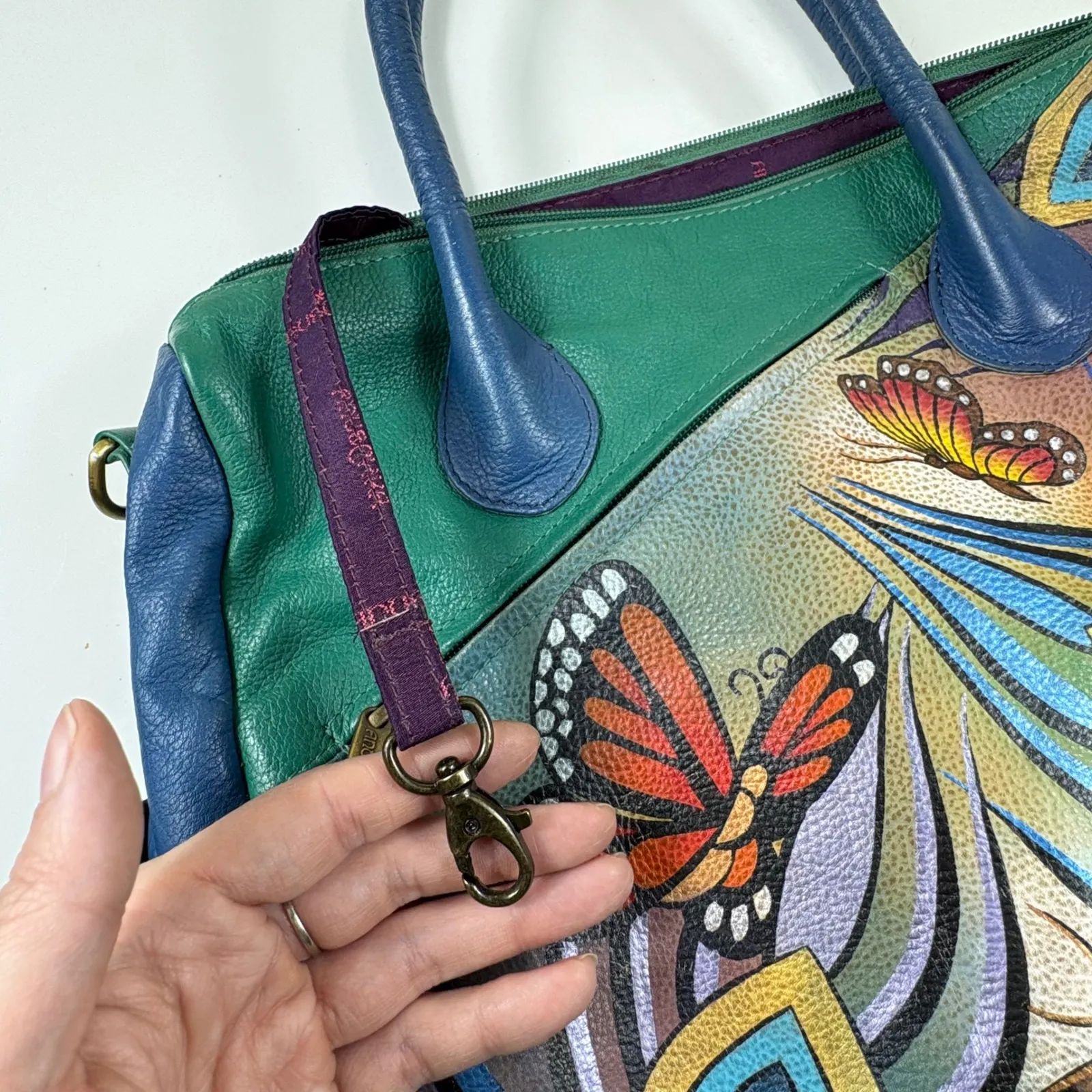 Anuschka Hand Painted Leather Shoulder Bag Butterfly Floral Satchel Tote - Image 16