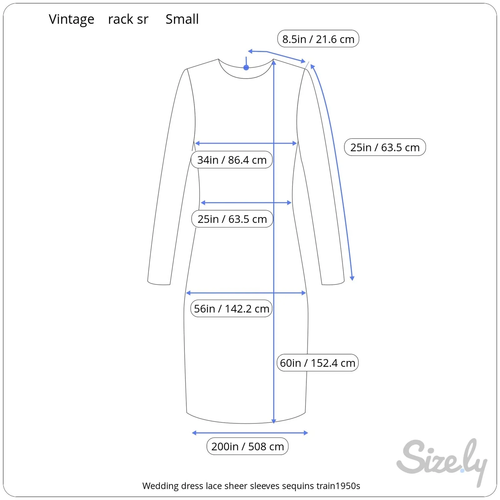 Wedding dress lace sheer sleeves sequins train 1950s White - Image 3