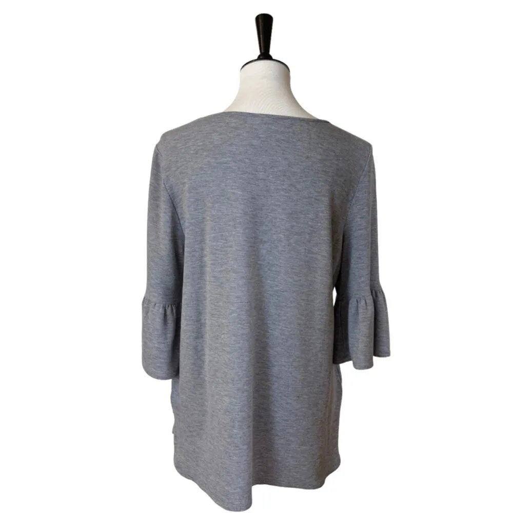 Adrianna Papell Top Ruffle 3/4 Sleeves Soft Knit Hi Low Hem Gray Women’s Size M - Image 4