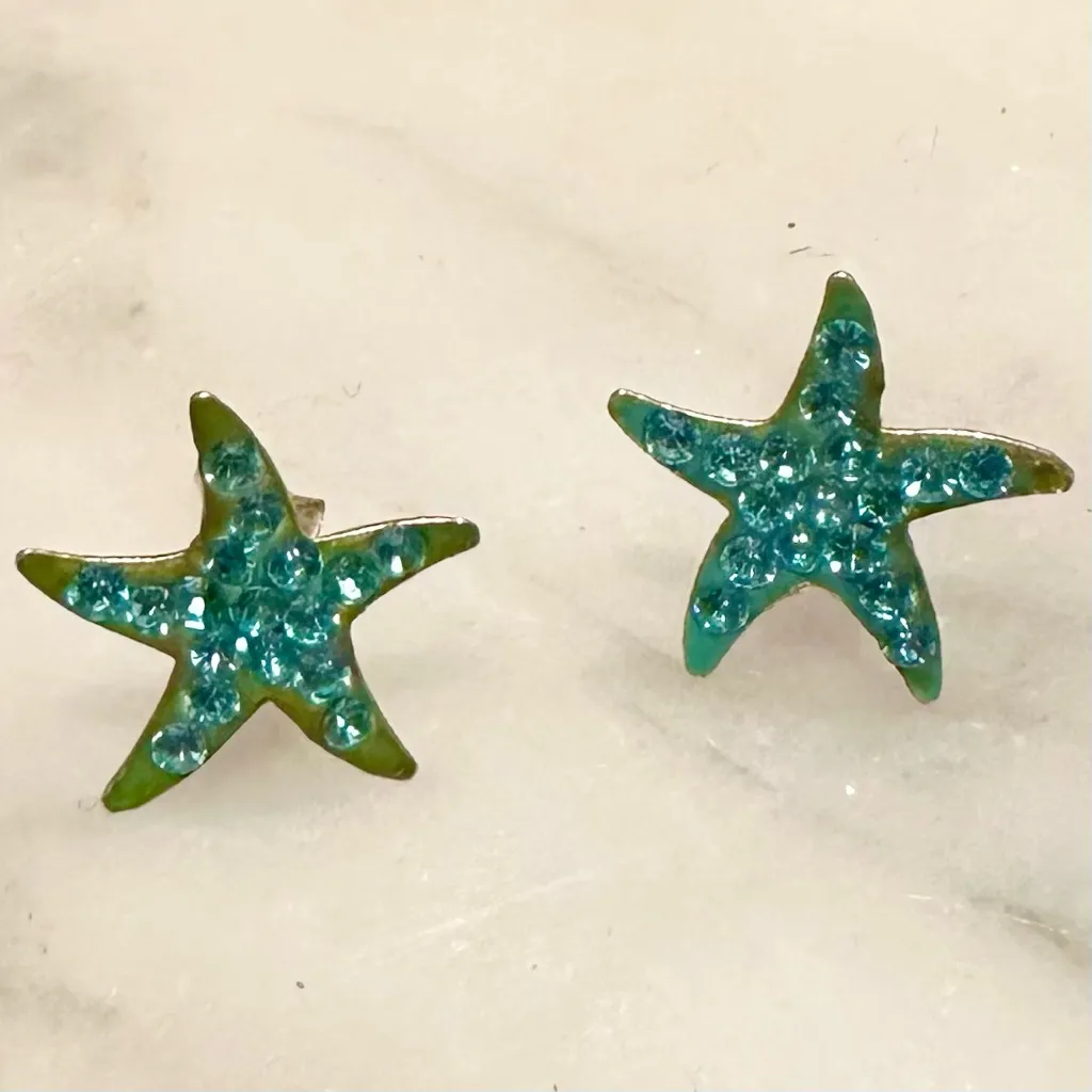 Sterling Silver Turquoise Rhinestone Starfish Stud Earrings Crystals Sparkle Blue - Image 6