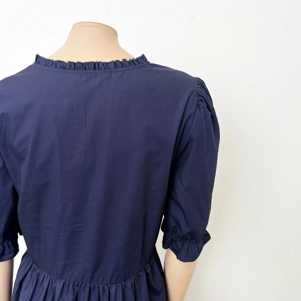 [Primark] Navy Blue Puff Sleeve Tiered Babydoll V-Neck Mini Smock Dress Size 14 - Image 6