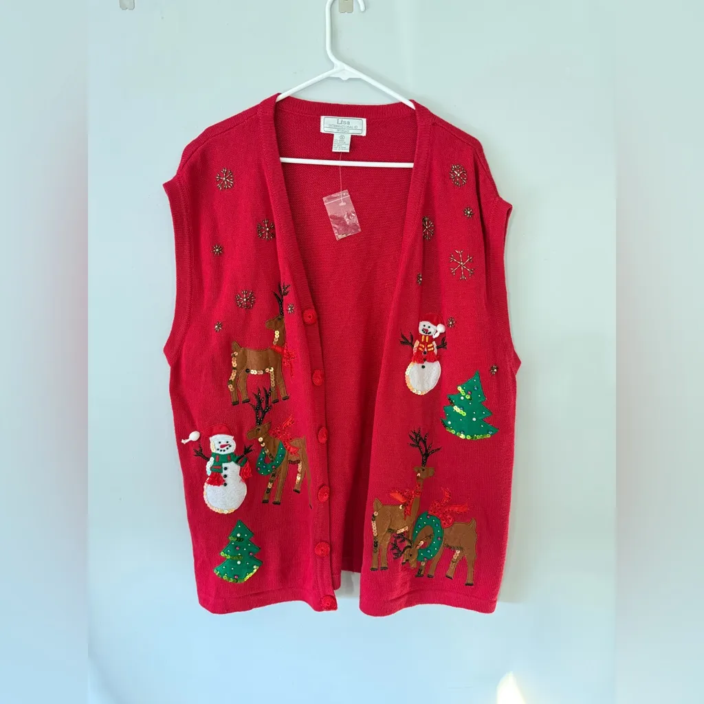VTG Lisa International Festive Red Christmas Sweater Vest Snowman Reindeer 1X - Image 2