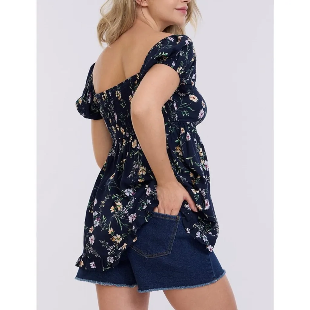 Motherhood Maternity Puff Sleeve Babydoll Top Floral Navy XL - Image 10