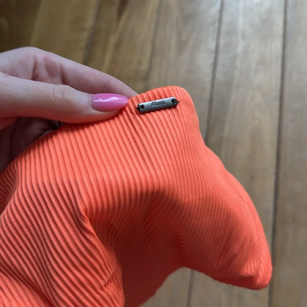 Maagi High Leg Bikini Bottom Ribbed Vibrant Orange/Palm Print NWOT XS - Image 3