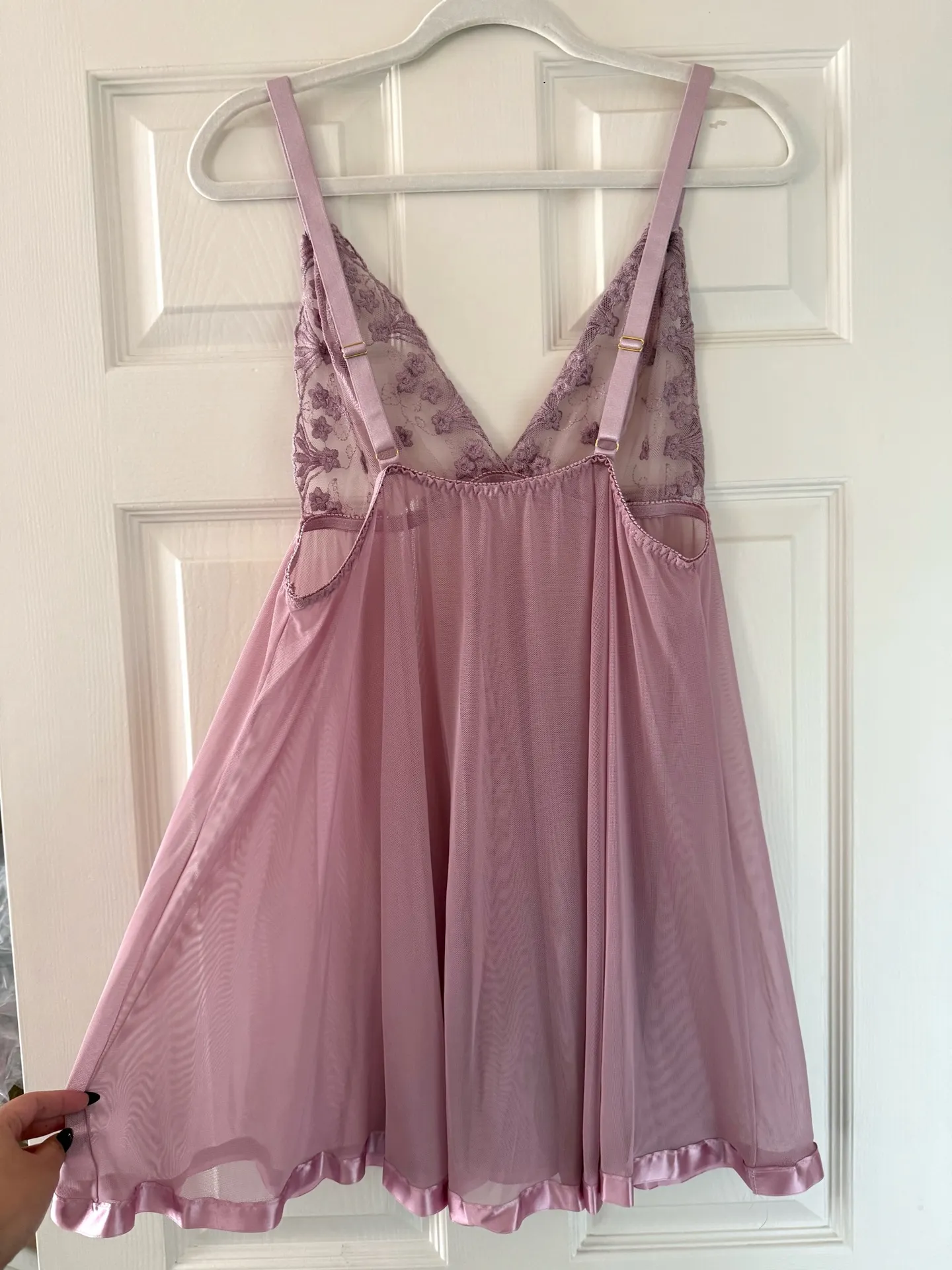 Lavender Lilac Sheer Floral Lace Satin Ribbon Trim Babydoll Slip Dress Purple Size XL - Image 5