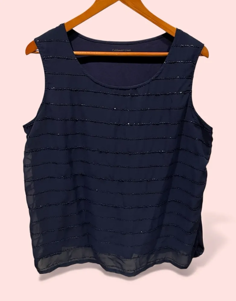 Cute lightweight mesh sequin stripe navy top stretchy sleeveless - Image 3