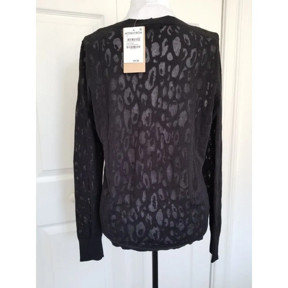 Halogen Leopard Burnout Sweater Black Animal Print Long Sleeve Crew Neck Top (S) - Image 3