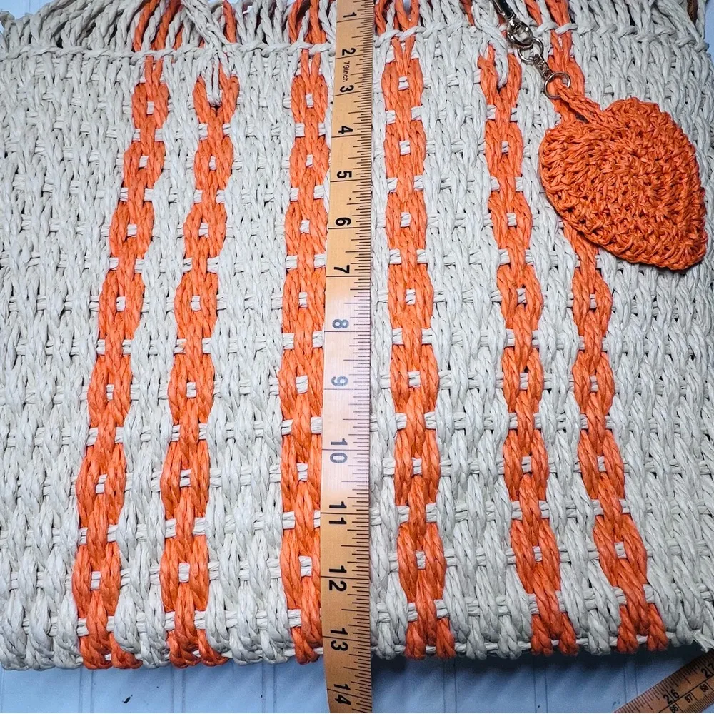 Haute Hippie Orange and Cream Woven Tote Raffia Straw Hobo Bag - Image 6