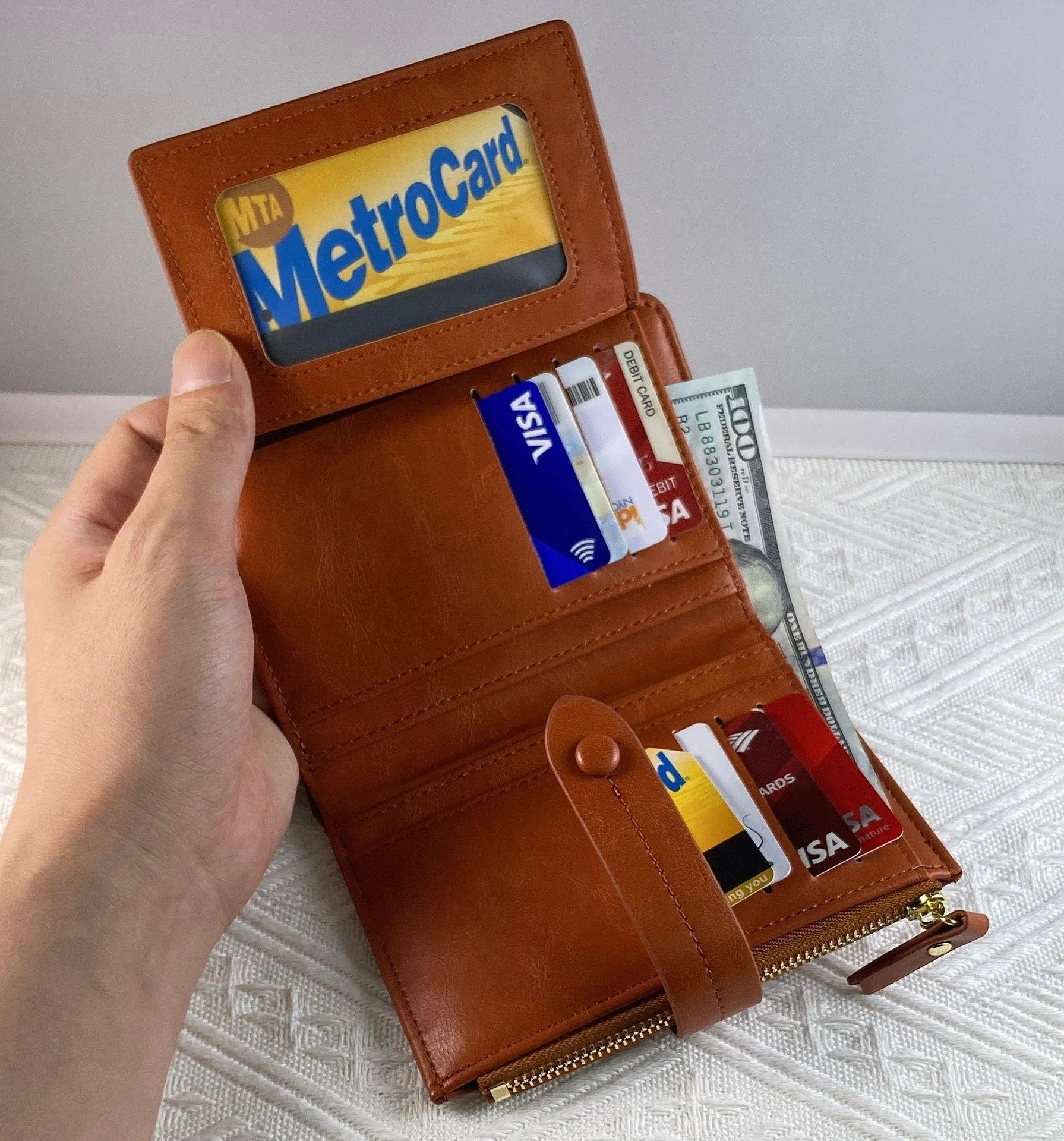 Wallet for Women,Trifold Snap Closure Wallet,Credit Card Holder Coin Purse Brown - Image 5