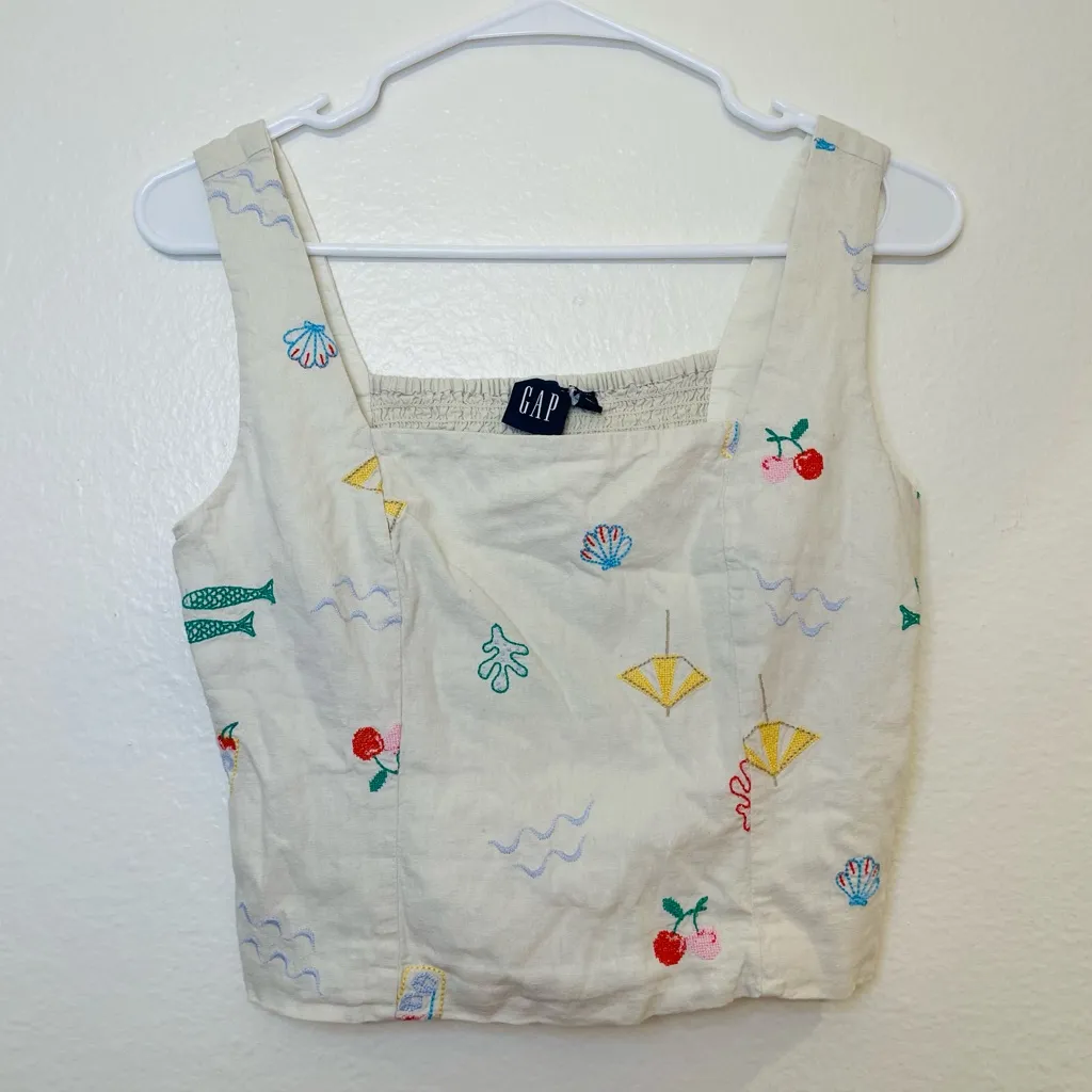 GAP Women’s Linen-Blend Embroidered Beach Umbrella Crop Top Brami Tank Size XS - Image 4