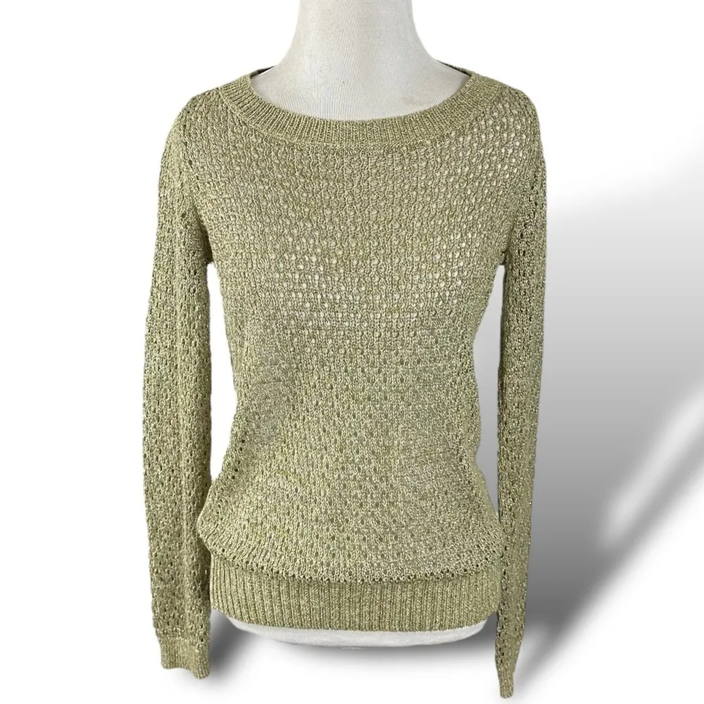 Anthropologie Guinevere Hemp Metallic Sweater XS Crewneck Gold Sheer Open Knit - Image 2