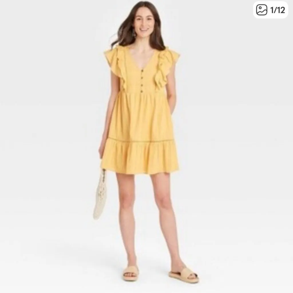 Knox Rose Size S Yellow Dress Mini Flutter Sleeve Gauzy Tired Inlet Lace Boho - Image 2