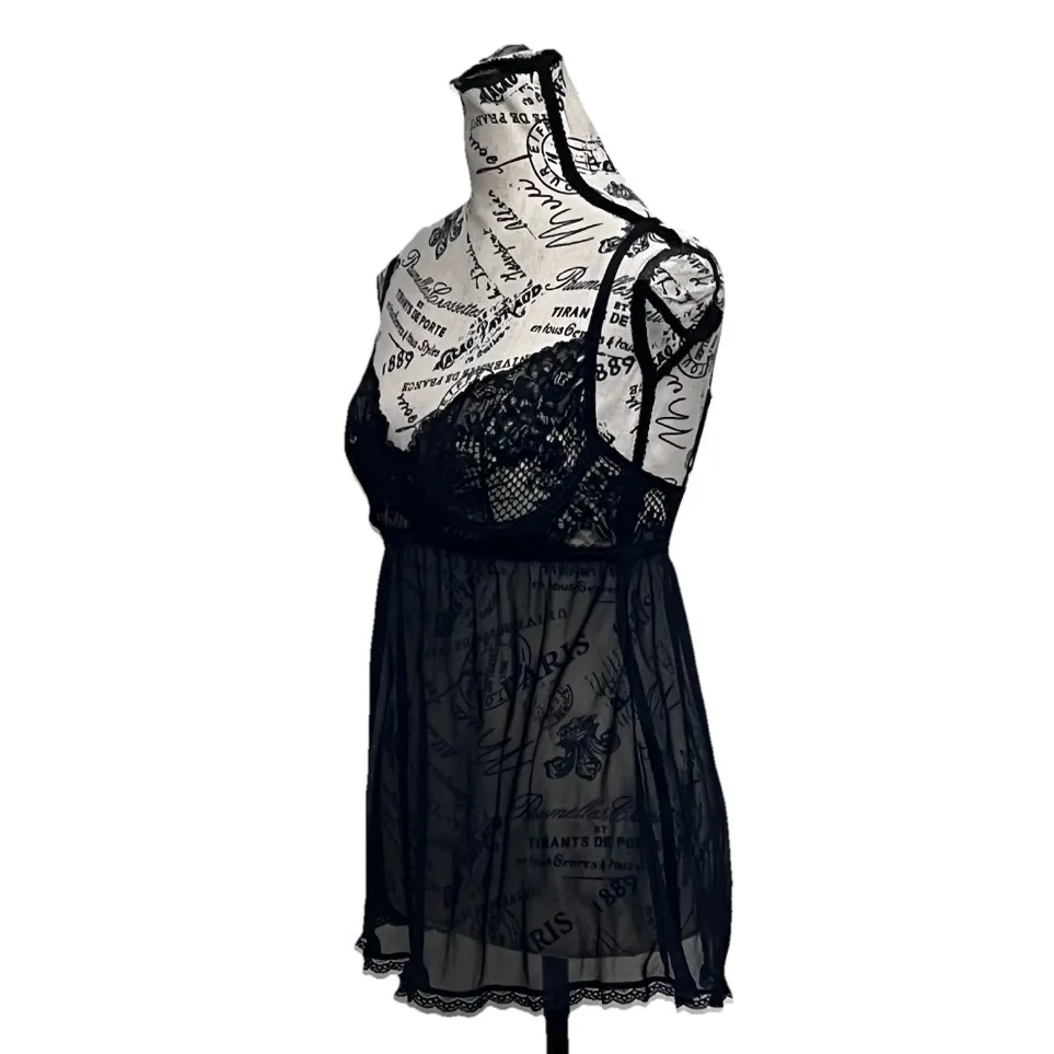 La Senza Black Sheer Babydoll Top Womens M Underwire Mesh Lingerie Y2K Goth - Image 2