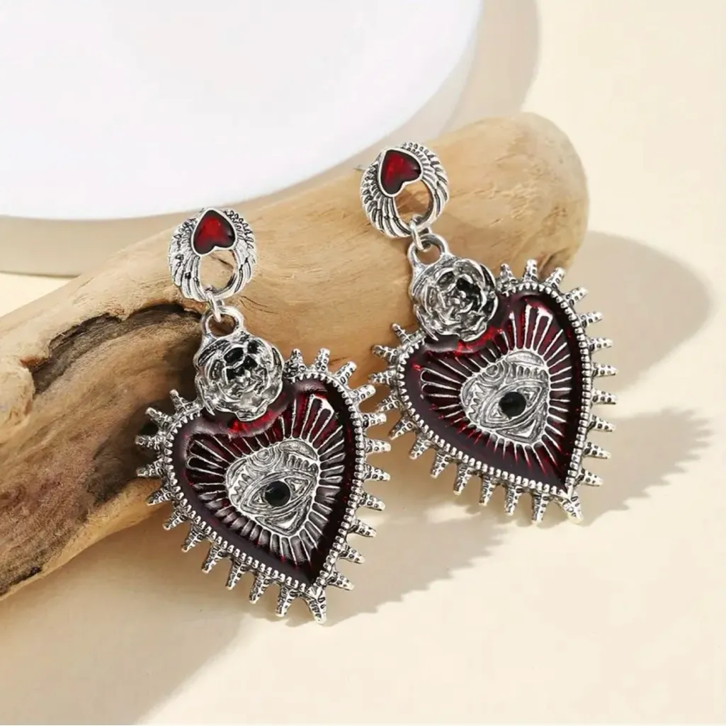 Gothic Punk Love Blood Silver/Red‎ Color Eye Rose Dangle Alloy Drop Earrings Silver - Image 8