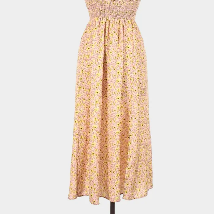 RESA Ashley Midi Slip Dress M Sunstone Ditsy Floral Smocked Slit Pink Smocked Size M - Image 8